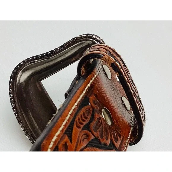 Nocona Women's Concho Leather Rhinestone Silver‎ Floral Buckle 2-Tone Belt Sz 38 - Picture 5 of 8